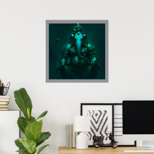 Mystical Neon Blue Lord Ganesha Poster Modern