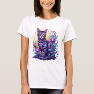 Mystical Neon Cat Lotus Art T-Shirt