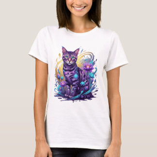 Mystical Neon Cat Lotus Art T-Shirt