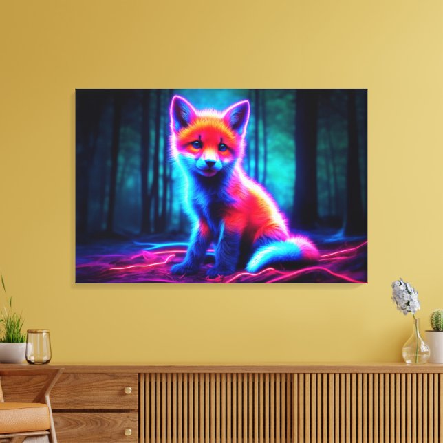 Mystical neon fox in glowing enchanted forest canvas print (Insitu(LivingRoom))