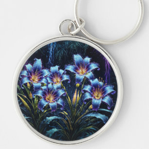 Mystical neon lilies botanical nature plants key ring