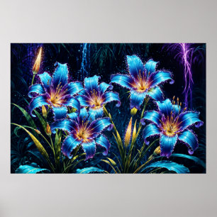 Mystical neon lilies botanical nature plants poster