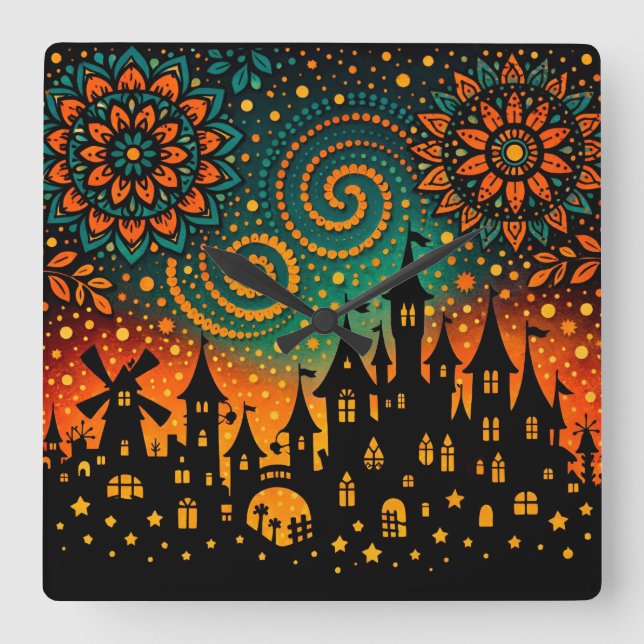 Mystical Night Castle Silhouette Square Wall Clock (Front)