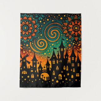 Mystical Night Castle Silhouette Tapestry