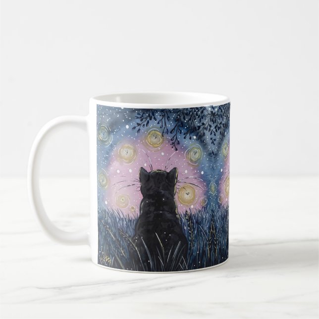 Mystical Night-Fireflies Cat Illustration Art Coffee Mug (Left)