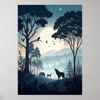 Mystical Night Forest with Silhouetted Wildlife Poster
