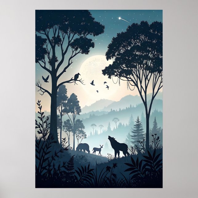 Mystical Night Forest with Silhouetted Wildlife Poster (Front)