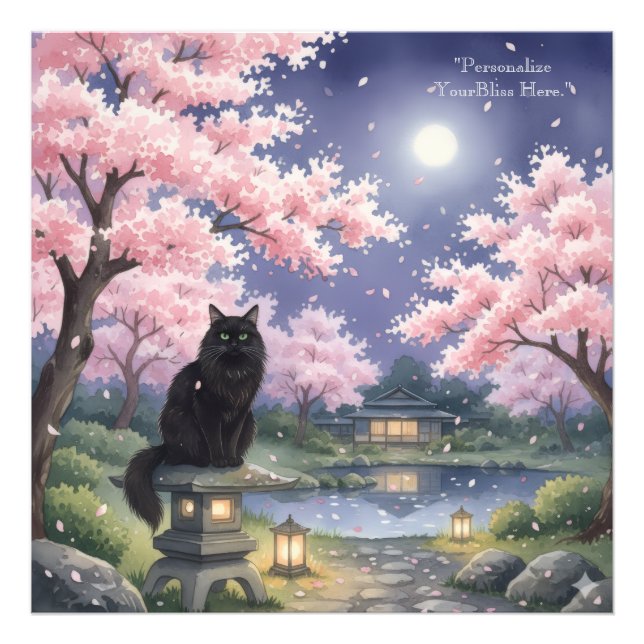 Mystical Night Sakura: Black Cat in Moonlit Japan Photo Print (Front)