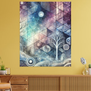 Mystical Night Sky Geometric Patterns & White Tree Canvas Print
