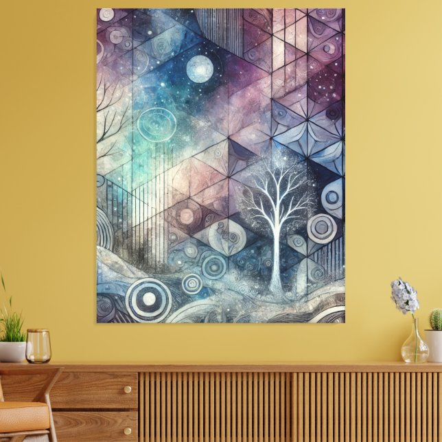 Mystical Night Sky Geometric Patterns & White Tree Canvas Print (Insitu(LivingRoom))