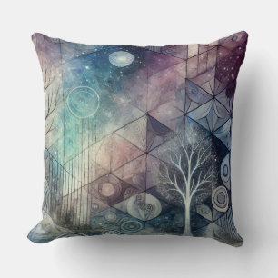 Mystical Night Sky Geometric Patterns & White Tree Cushion