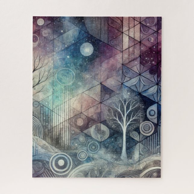 Mystical Night Sky Geometric Patterns & White Tree Jigsaw Puzzle (Vertical)