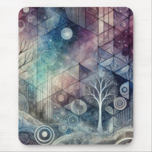 Mystical Night Sky Geometric Patterns & White Tree Mouse Mat