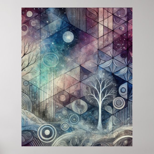 Mystical Night Sky Geometric Patterns & White Tree Poster (Front)