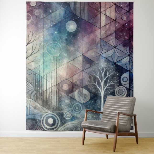 Mystical Night Sky Geometric Patterns & White Tree Tapestry (In Situ)