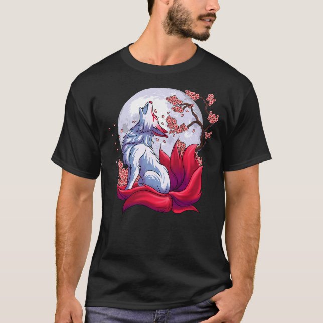 Mystical Nine-Tailed Fox Under Moon Cherry Blossom T-Shirt (Front)