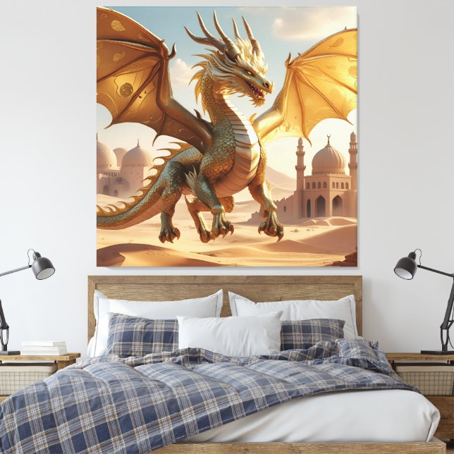 Mystical Oriental Dragon Over Desert City – Fantas Canvas Print (Insitu(Bedroom))