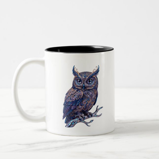 Mystical Ornate Owl Coffee Mug - Celestial Art (Left)