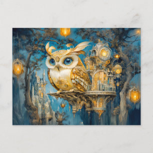 Mystical Owl in a Tree Castle at Night Postcard