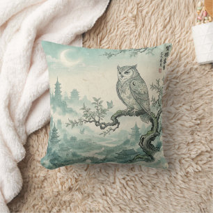 Mystical Owl Moon Landscape Art Cushion