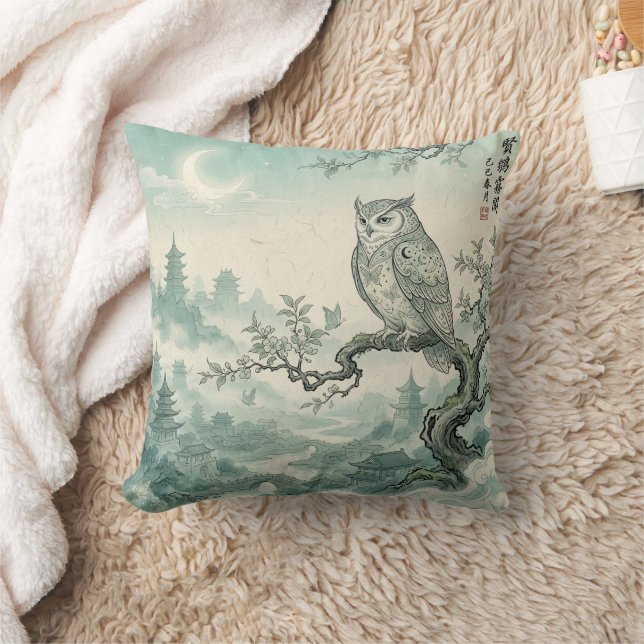 Mystical Owl Moon Landscape Art Cushion (Blanket)