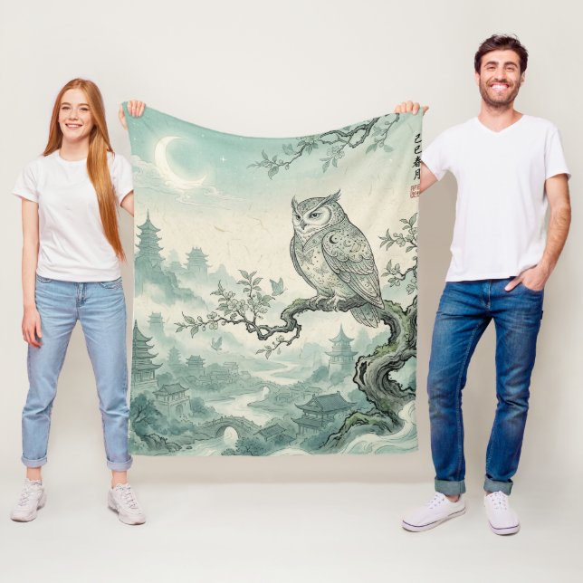 Mystical Owl Moon Landscape Art Fleece Blanket (In Situ)