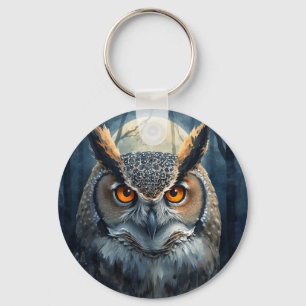 Mystical Owl Watercolor Art Dark Forest Moon Owl Key Ring