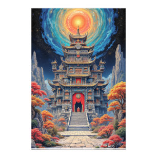 Mystical Pagoda Temple Under Celestial Sky Photo Print