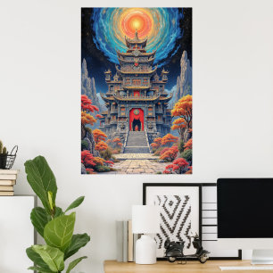 Mystical Pagoda Temple Under Celestial Sky Poster