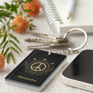Mystical Peace Sign Custom Name Key Ring