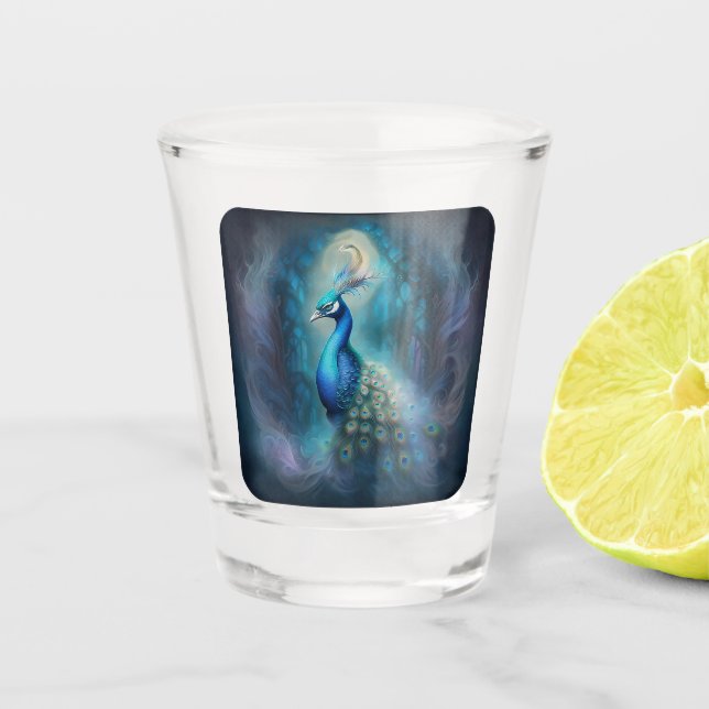 Mystical Peacock in Enchanted Forest Shot Glass (Front)