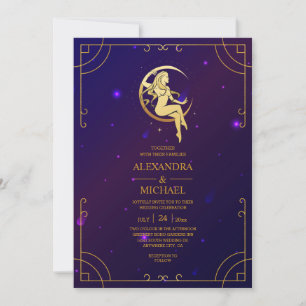 Mystical Pink Blue Celestial Stars Wedding    Invitation