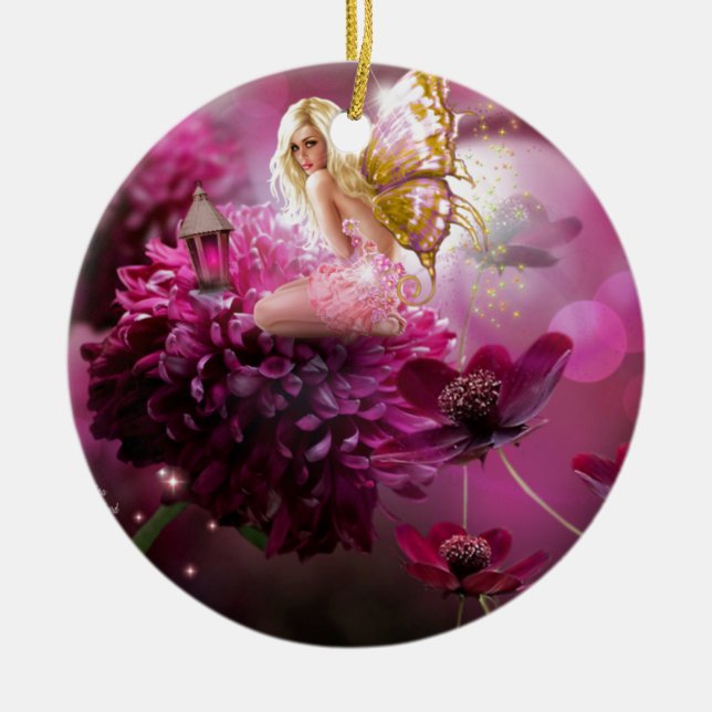 Mystical Pink Fantasy Fairy Flower Garden Art Ceramic Tree Decoration (Front)