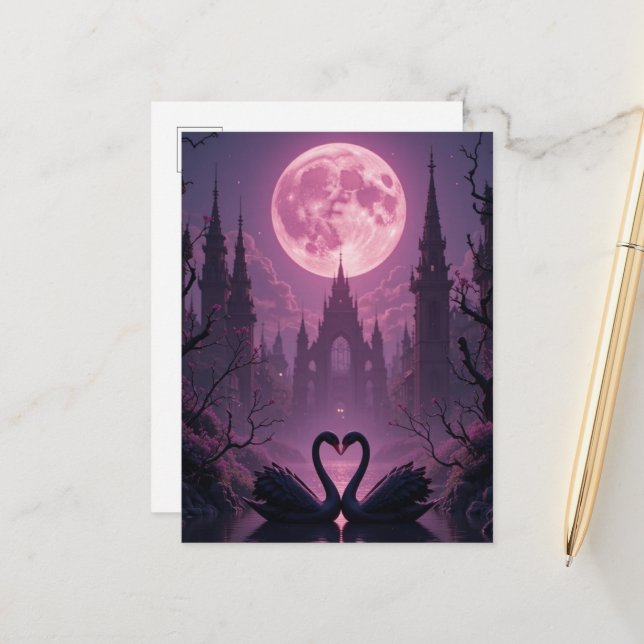Mystical Pink Moon Gothic Castle Postcard | Romant (Front/Back In Situ)