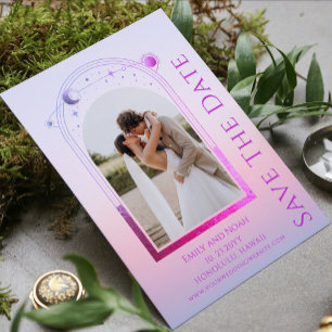 Mystical Pink Purple Celestial Two Photo Wedding Save The Date