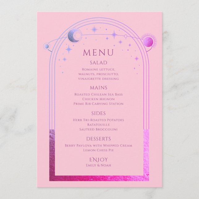 Mystical Pink Purple Sun Moon Stars Wedding Menu (Front)