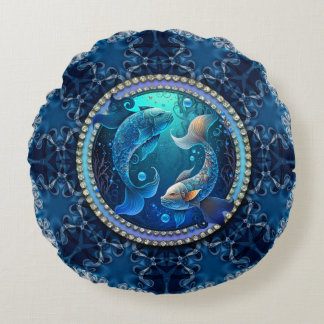 Mystical Pisces Dreams Fractal Lace New Moon Round Cushion