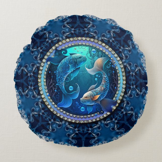 Mystical Pisces Dreams Fractal Lace New Moon Round Cushion (Front)
