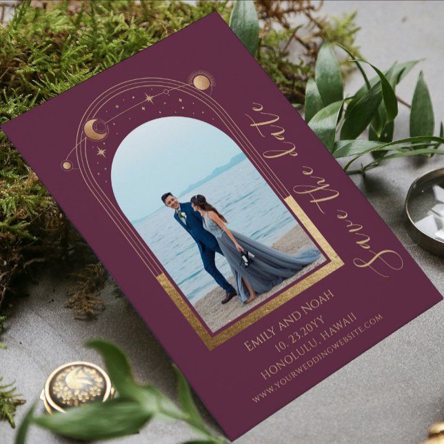 Mystical Plum Gold Celestial Wedding Photo Save The Date (Creator Uploaded)
