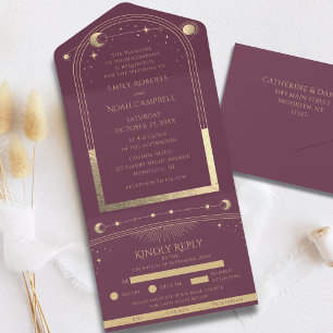 Mystical Plum Gold Sun Moon Astronomy Space  All In One Invitation