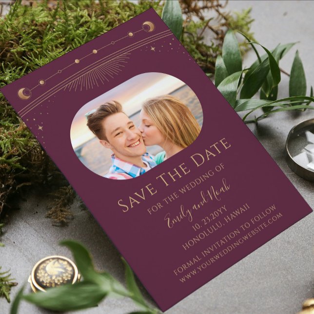 Mystical Plum Gold Sun Moon Stars Space Save The Date (Creator Uploaded)