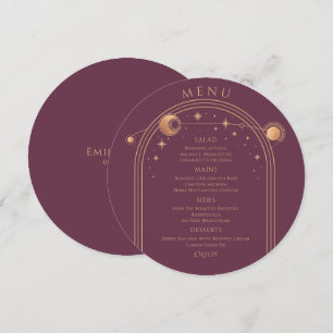 Mystical Plum Gold Sun Moon Stars Space Wedding Menu