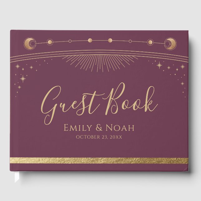 Mystical Plum Gold Sun Moon Stars Wedding  Guest Book (Front)
