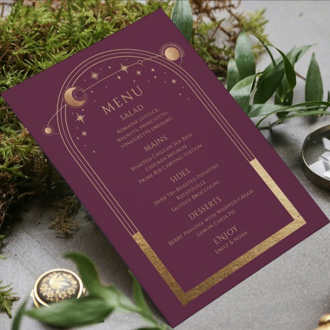 Mystical Plum Gold Sun Moon Stars Wedding Menu (Creator Uploaded)
