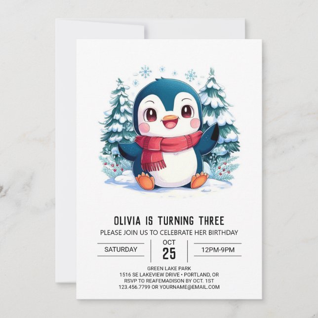Mystical Pretty Penguin Digital Birthday Invitation (Front)