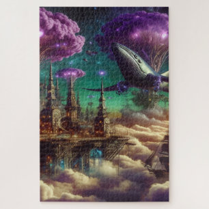 Mystical Purple Futuristic Fantasy City Jigsaw Puzzle