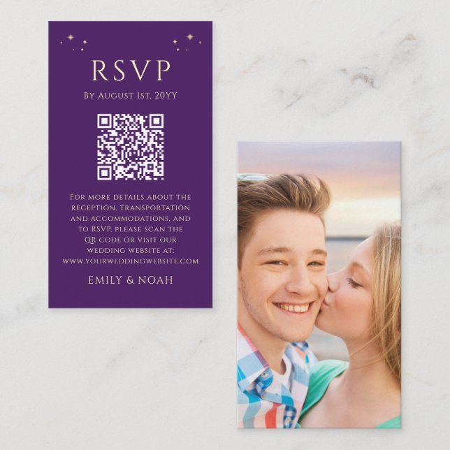 Mystical Purple Gold Budget QR Code RSVP Photo Enclosure Card (Front/Back)