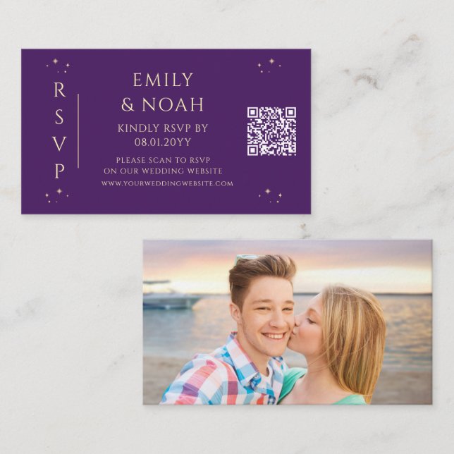 Mystical Purple Gold Budget QR Code RSVP Photo Enclosure Card (Front/Back)