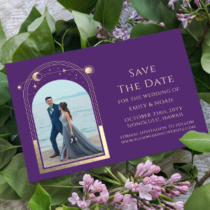 Mystical Purple Gold Celestial Wedding Photo Save The Date