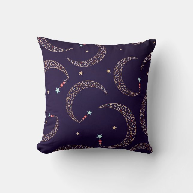 Mystical Purple Gold Filigree Moon Celestial Cushion (Front)